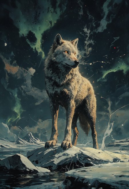 **A regal Arctic wolf, its keen amber eyes glowing like molten gold, stands poised atop a glassy expanse of frozen lake. The ice beneath its paws fractures into delicate, feather-like cracks that spiral outward, capturing the stillness of a subzero night. Moonlight bathes the wolf’s thick, frost-dusted fur in a silvery sheen, each strand shimmering as if dusted with crushed diamonds. Its breath curls into wispy plumes that dissolve into the crisp air, adding depth to the scene’s ethereal chill. Behind the wolf, the horizon melts into a dusky indigo sky, streaked with faint, ghostly ribbons of aurora borealis in muted greens and violets. The composition is stark yet dynamic, balancing the wolf’s powerful stance with the fragile beauty of the ice, all rendered in a monochromatic palette punctuated by the wolf’s fiery gaze—a silent sentinel in an endless, frozen realm.**