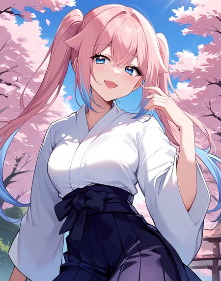 wu yaoyao, pink hair, long hair, blue eyes, japanese clothes, twintails, blue gradient hair, hakama, hakama skirt, white japanese top, hair flaps  BREAK outdoors, park, cherry blossom trees  BREAK looking at viewer, sexy face, sexy smile, open mouth, cowboy shot, BREAK score_9, score_8_up, score_7_up, source_anime ,zPDXL, perfect hand, <lora:Wu_Yaoyao:0.8>
