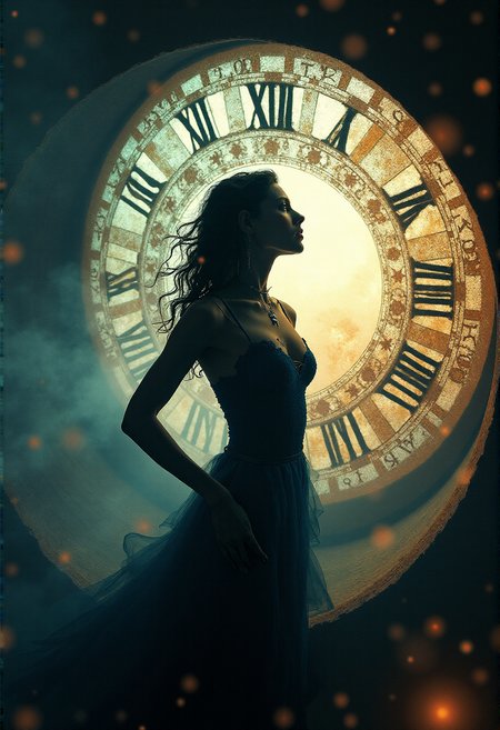 mysterious silhouette of a time travelling woman, black hole, inside of a clock, gears, goddess, alluring, by Minjae Lee, Carne Griffiths, Emily Kell, Steve McCurry, Geoffroy Thoorens, Aaron Horkey, Jordan Grimmer, Greg Rutkowski, amazing depth, double exposure, surreal, geometric patterns, intricately detailed, bokeh,  perfect balanced, deep fine borders, artistic photorealism , smooth,  great masterwork by head of prompt engineering