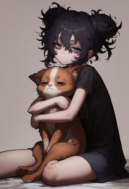 score_9, score_8_up, score_7_up, score_6_up, ekrea jan style,
young girl, skinny, looking at viewer, sitting, bags under eyes, tired, hair bun, hug cat, messy hair, hair between eyes, character name, double bun, hugging own legs, 
<lora:ekrea_jan_style_v1:0.8>,
<lora:fix_hands:1.5>,