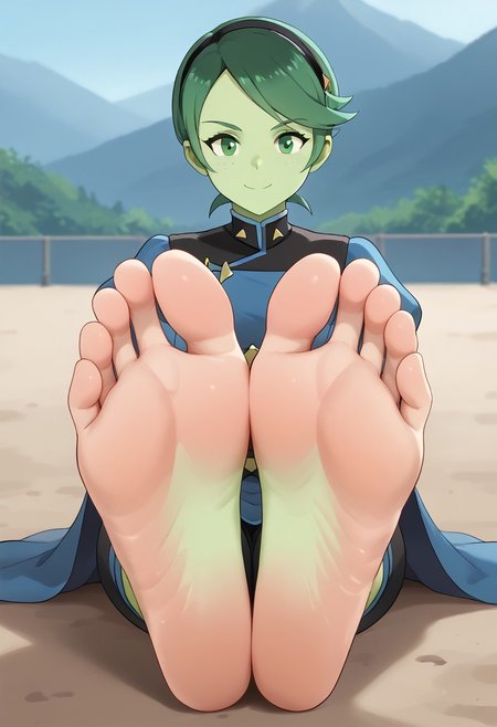 score_9, score_8_up, score_7_up, score_6_up, score_5_up, score_4_up, source_anime, BREAK, (masterpiece:1.4), (best quality:1.2), expressive eyes, perfect face, perfect anatomy, accurate anatomy, perfect feet, perfect soles, 1 girls, feet, soles, toes, foot focus, front view, smile, cute expression, clean feet, sitting, hands on ground, showing feet, barefoot,  PONYXL_WaifuFeetPics_ownwaifu, feet, perfect feet, soles, 4 toes in left foot, 4 toes in right foot, perfect anatomy, accurate anatomy, foot focus, feet, toes, sitting, D'vana Tendi, orion species, Star Trek, colored skin, green skin, green skin female, green freckles, colored hair, green hair, undercut, Female_Corrin_(cosplay), black hairband, armored dress, armored pants, blue cape, puffy sleeves, juliet sleeves, vambraces, black gloves, barefoot, feet together, close up, feet close up