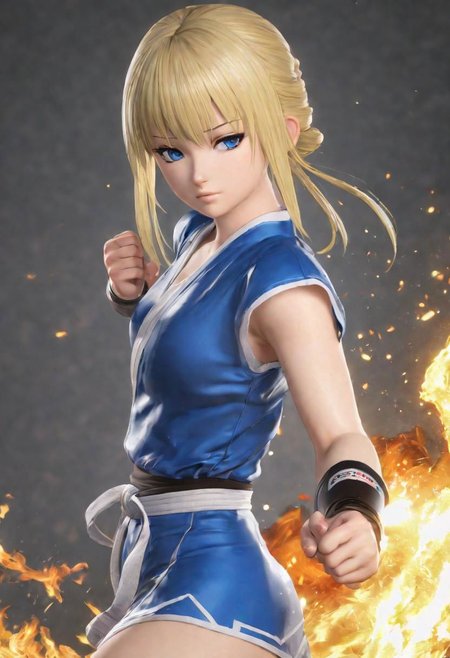 masterpiece,fullbody, photograph,realistic lighting, absurd quality,realism best quality, sensual face, fighting stance, blue eyes,<lora:Ayane_Amamiya:.7>,blonde hair,clear quality