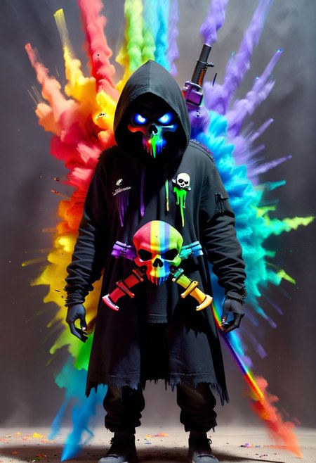 CXP Style, cute pixar style death reaper, scythe, rainbow colored