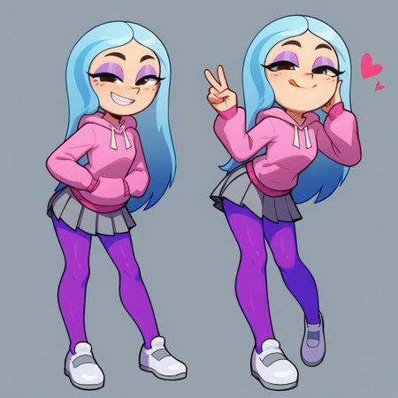 Andrea, 1girl, solo focus, cute, full body, looking at viewer, makeup, freckles, eyeshadow, half-closed eyes, tongue out, cute squint, grin, smug, smile, closed mouth, light blue hair, long hair, multicolored hair,bad girl, leaning forward, standing, hand in pocket, long sleeves, pink hoodie, skirt, pleated skirt, grey skirt, purple pantyhose, white shoes, simple background, heart, one hand up, v, from below, flat color,