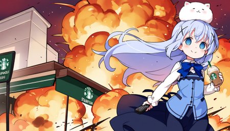 best qualityillustration,an extremely delicate and beautiful,(noise clear),(Intricate),(Hires.fix),outdoors,european town,wide shot, BREAK
1girl,smile,happy, gochuumon wa usagi desu ka?,kafuu chino,blue rabbit house uniform, tippy (gochiusa) on her head,(holding remote controller:1.2),walking,empty eyes, <lora:r00f-top:1> r00f-top, BREAK
explosion,<lora:explosion_r_v100:0.8>,(starbucks store burning:1.7)