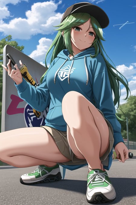 <lora:Palutena:.6>, palutena, masterpiece, best quality, 1girl, baseball cap, green hair, blue sky, bow, breasts, closed mouth, contrail, footwear focus, graffiti, hat, holding, holding skateboard, hood, hoodie, long sleeves, looking at viewer, multicolored background, mural, pants, road, shoes, skateboard, sky, smile, sneakers, solo, squatting, street mature female, from below, toned,