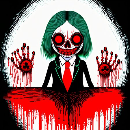 blood, 1girl, horror (theme), glasses, ball, necktie, skull