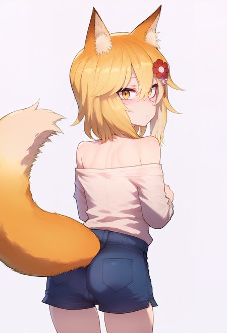 score_9, best quality, masterpiece, uncensored, source_anime
BREAK
1girl, solo, looking at viewer, blush, bangs, blonde hair, simple background, shirt, hair ornament, white background, animal ears, hair between eyes, bare shoulders, tail, yellow eyes, white shirt, ass, flower, cowboy shot, shorts, looking back, pants, hair flower, medium hair, off shoulder, from behind, animal ear fluff, fox ears, fox tail, denim, fox girl
<lora:merratatustle_pony_v6:1> <lora:SenkoXL:1>