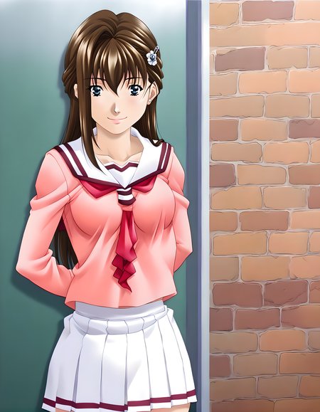 <lora:pony_xl_sayuri:0.9>,sayuri,score_9,source_anime,best quality,masterpiece,super fine illustration,1girl,solo,hair ornament,school uniform,pink clothes,serafuku,white skirt,pleated_skirt,school,cowboy_shot,smile,standing,arms_behind_back,