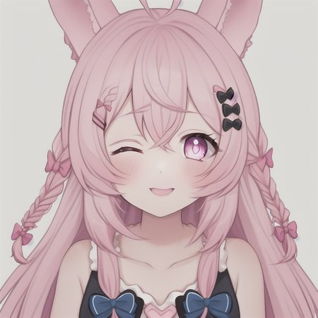 the photo of a 1girl, ahoge, animal_ears, bare_shoulders, blue_bow, bow, braid, collarbone, hair_bow, hair_ornament, hairclip, long_hair, one_eye_closed, open_mouth, pink_eyes, pink_hair, rabbit_ears, simple_background, smile, solo, twin_braids, upper_body, virtual_youtuber, white_background, pipkin pippa