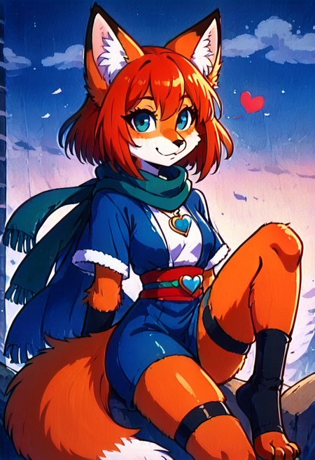 sfxm, anthro, female furry, fox, fox tail, fox ears, body fur, fluffy, paws, scarf, heart-shaped pendant, leg wrap, bandages, looking at viewer, cute style, dic style, super show, smbss style, vintage, cartoon