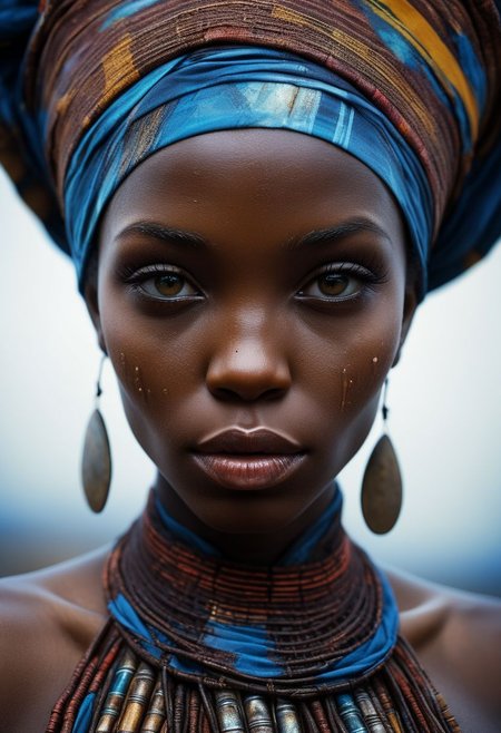 Close-up face, make-up, mysterious african woman in traditional clothing, goddess, alluring, by Minjae Lee, Carne Griffiths, Emily Kell, Steve McCurry, Geoffroy Thoorens, Aaron Horkey, Jordan Grimmer, Greg Rutkowski, amazing depth, double exposure, surreal, intricately detailed, bokeh,  perfect balanced, deep fine borders, artistic photorealism , smooth,  great masterwork by Suiras  <lora:add-detail-xl:2>  <lora:Double_Exposure:0.5>