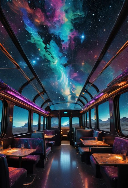 Detailed locomotive, shooting star aesthetic, wheels morphing into galaxies, billowing cosmic dust trail, passengers silhouetted against windows, constellation map tapestry on interior, otherworldly landscape visible through windows, vibrant cosmic colors