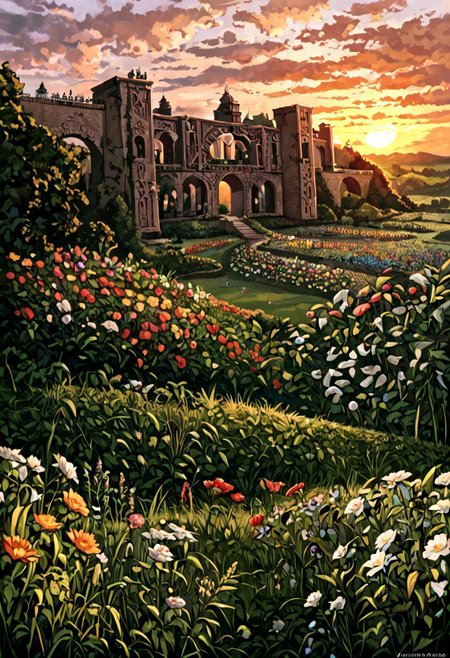 castles, labyrinth castles,lalangheej,  labyrinth, ((labyrinths)),labyrinth multicolor, grass,flower field,lalangheej, flores rainbow, flowers multicolor, rainbow ,outdoors,sunset,score_9,score_8_up