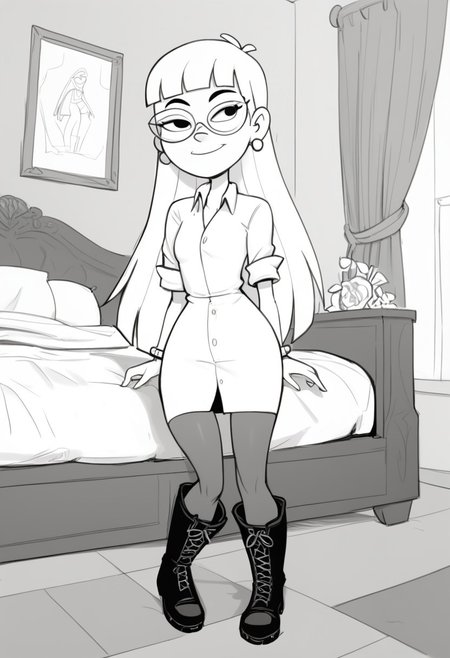 score_9, score_8_up, score_7_up, BREAK flufsk, monochrome, grayscale, VicSol, 1girl, long hair, blunt bangs, black eyes, glasses, pearl earrings, right arm bracelet, short-sleeved buttoned dress, tights, long boots, full body, solo, solo focus, alone, smiling, cartoon, source_cartoon, bedroom indoors, bedroom background,