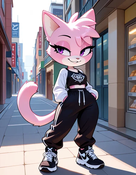 masterpiece, best quality, very aesthetic, absurdres,
outdoors, streetwear, 
full body, standing, posing,
seductive smile, parted lips, long eyelashes,
 <lora:Jana_v01_NAIXL:1>
J4n4,1girl,solo,furry,furry female,cat girl,cat ears,purple eyes,animal nose,body fur,two-tone fur,pink fur,white fur,cat tail,