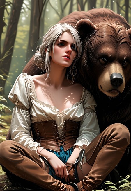 Score_9, score_8_up, score_7_up, 1girl, cosplaying as Ciri from The Witcher series, seated in a forest setting, leaning against a large, realistic bear with its mouth open in a roar. The girl has silver hair styled in a loose bun, revealing her youthful and determined face with green eyes. She is dressed in a white blouse with a deep neckline, brown leather gloves, a corset belt with blue gemstone details, black garter belt stockings, and high-heeled boots. The setting is a dense forest with tall trees and a mystical atmosphere, with soft, diffused light filtering through the canopy. The bear's fur is dark and shaggy, adding a sense of realism and wildness to the scene. The girl's pose is relaxed yet vigilant, holding a sword in one hand while resting her head against the bear.