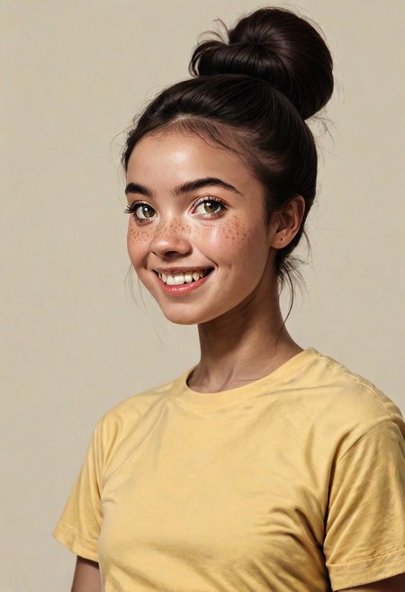 score_9, score_8_up 
BREAK 
1girl, (dark skin:0.4), prettyface, Manic Pixie, dark hair, hairbun, freckles, cute smile, yellow t-shirt, friendly, seductive, (girl next door:1.5), teeth visible 
BREAK 
FOV medium shot, simple background