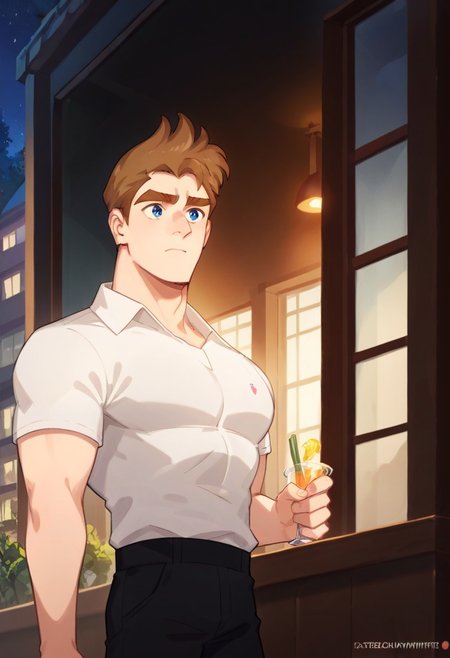 Night, View from outside the window, restaurant window display,  score_9, score_8_up, score_7_up, score_6_up, cartoon source, break
steve maryweather, 1boy, solo,  blue eyes, brown hair,  thick eyebrows,   white shirt, black pants, outside, on the street,