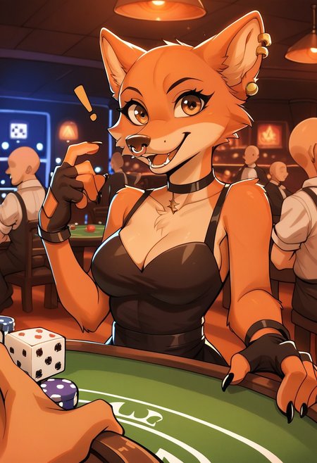 score_9, score_8_up, score_7_up, score_6_up, score_5_up, source_furry, furry, fur, flurry, solo, portrait, 
BREAK 1girl, ((solo:1.8,)) sitting in casino table playing games, white exclamation mark, Foxy_Liars_Bar, ((bald:2, no hair:1.4,)) orange fur, two tone fur, brown eyes, nose piercing, ears piercing, fingerless gloves, black stockings, black dress, paws, tr1ck0rtr3at, black fingernails, punky, casino games, spotlight, ((holding casino dice1:2, white dice,)) open mouth, shouting, gambling, medium breasts, (black clothes:1.2), smile at viewer, 
BREAK casino, casino table, poker night, offscreen male holding playing cards, casino chips, smile, closed mouth, ((fantastic lights and shadows:1.2, post processing))