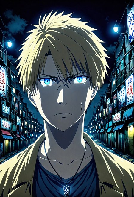 high resolution, solo, best quality, 1Boy, Yamato Ishida, Blond Hair, Blue Eyes, Necklace, potrait, midnight, dim street lights, mysterious, threatening, aiming the weapon to the viewer, OverallDetail