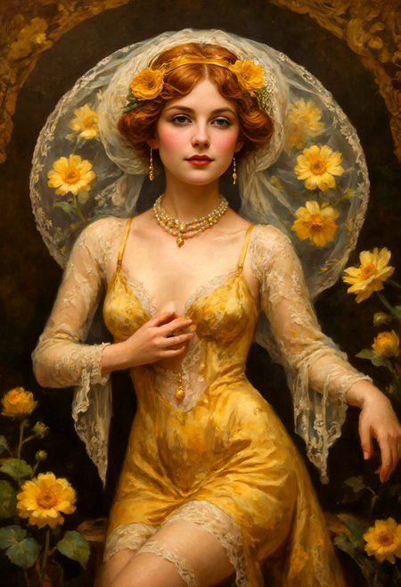 A full-body oil painting of A French Maiden in the Belle Époque Embracing the elegance of the ((Art Nouveau)) era, she embodies the grace of an French daisy with (golden tendrils adorned with yellow highly revealing transparent laces), eyes aglow with alluring joy, royal fair skin with a hint of freckles, ((dressed in her skimpy attire tailored for enchantement)), featuring meticulously embroidered yellow fabrics and delicate (flourished patterns, natural floral ornaments), accessorized with a (pearl necklace) and a (velvet full-body veil inspired by Art Deco, lace-accented and blossoming). Completing her ensemble, she wears (intricate lace-accented silk stockings with garter straps). inspired by the alluring art of Julius Exter and (Konstanty Laszczka). <lora:add-detail-xl:1> <lora:aidmaMidjourneyV6.1-v0.1:0.5> <lora:SDXLFaeTastic2400:0.5>