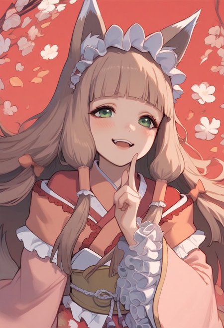 score_9, score_8_up, score_7_up, score_6_up, score_5_up, score_4_up, source_anime, 1girl, solo, (lips:0.9), maho normal, maho (princess connect!), animal ears, animal ear fluff, bangs, fox ears, frills, green eyes, kimono, long hair, fox girl, frilled hairband, blush, blunt bangs, hairband, pink kimono, wide sleeves, frilled sleeves, sidelocks, long sleeves, brown hair, fox tail, floral print, very long hair, bow, hair tubes, dress, light brown hair,  pink dress, obi, sash, frilled ribbon, lolita_fashion, sleeves past wrists, hime cut, laughing, upper body, closed eyes, heart_in_mouth, XD, embrace a shotgun