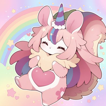 melffy mommy, heart, closed eyes, no humans, star \(symbol\), solo, chibi, full body, ^ ^, rainbow background, animal focus, pink fur, animal nose, no mouth,
masterpiece,best quality,amazing quality,very aesthetic,absurdres,newest,<lora:Melffy Mommy illuXL v1.1:0.75>,