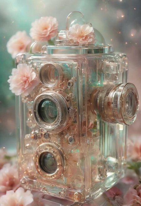 fanciful, translucent vintage camera with metallic copper and silver details, filled with an array of soft pastel flowers including hues of pink and white and green inside it, floating golden sparkles, magical touch to the composition, translucent, transparent, tranzp