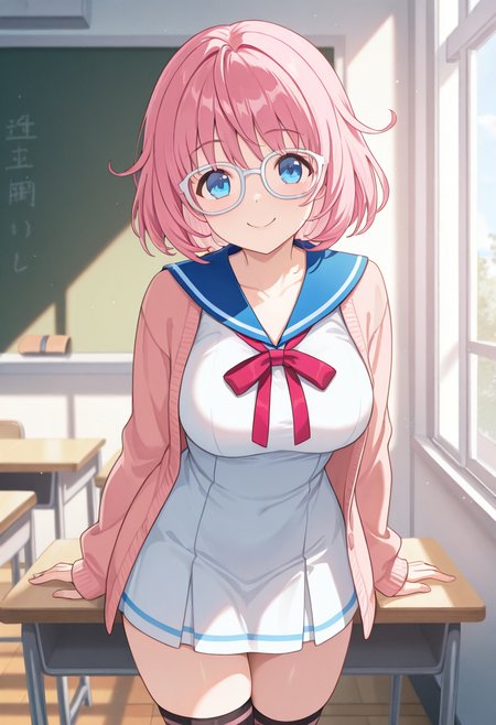 1girl,solo,<lora:nazunail:0.9>,tennouzu_nazuna,blue eyes,pink hair,short hair,glasses,dress,long sleeves,blue sailor collar,cardigan,ribbon,thighhighs,school uniform,looking_at_viewer,cowboy_shot,smile,day,classroom,incredibly absurdres,masterpiece,best quality,good quality,newest,