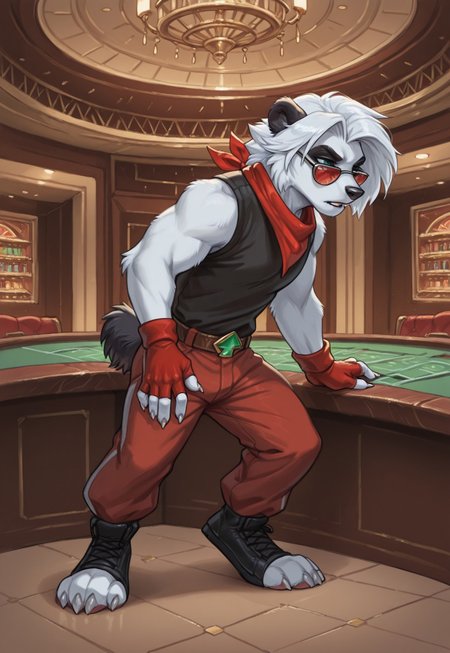 Solo, reallynxgirl_style, rspade_fre3dom_p1anet, mammal, panda, animal ears, furry, 1boy, solo, male focus, furry male, sunglasses, tail, red fingerless gloves, bandana, claws, clothes, adult, white fur, white claws, casino, detailed background