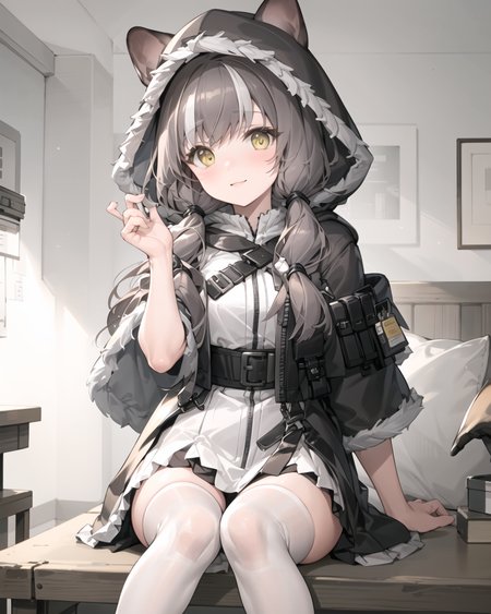 arknights_honeyberry,yellow eyes, grey hair,multicolored hair,twintails,black thighhighs,sitting,hood up,