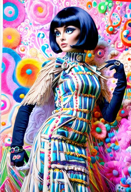 Straw thread, straw, Score_9, score_8_up, score_7_up, (masterpiece),(1character), semi side view, (beautiful:1.4), straw dress, psychedelic swirls, vibrant hues, bold patterns, power fashion, swinging sixties, Retro Vogue Cover, kaleidoscopic dreams. highly intricate, 60s, hyper detailed, photorealistic, (black elbow gloves), dim128/128test.