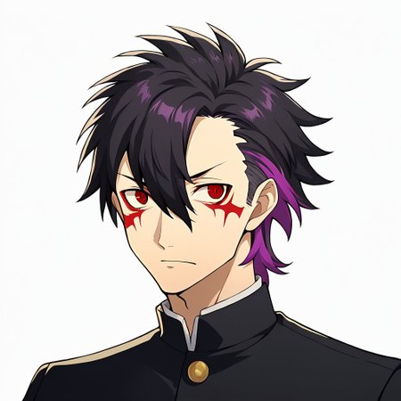 Score_9, score_8_up, score_7_up, source_anime, cowboy shot, masterpiece, best quality, upper body, portrait, (white background), 1boy, ((black hair)), short hair, spiky hair, ((hair straight up)), hair between eyes, sharp top hair, ((slicked hair)), (((red eyes))), demonic eyes, (purple string on bangs:1.2), calm face, two colored hair, (two-tone hair), (streaked hair:1.2), (multicolored hair), ((red eye tattoos)), (purple colored inner hair), <lora:colored inner hair:1>, (purple hair tips), <lora:_sdxl-gakuran-pony:0.8> (((black gakuran)))