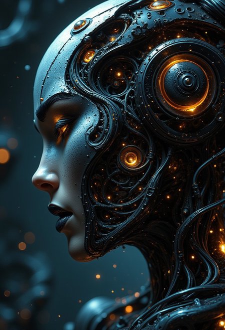 masterpiece, high detail, ArsMJStyle, dnddarkestfantasy, masterpiece, stunning oriental robot woman, made of robot joints, glowing lights and printed circuits, wires and cables, abstract, fractal art. highest definition, HD32K, wallpaper, hyperdetailed, concept art, extreme closeup, side profile