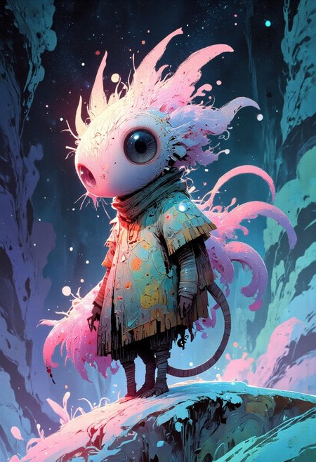 Radiant, big-eyed creature with intricate feathers amidst a prismatic ice cave, snowing pastel hues. Vibrant light refracts throughout, casting kaleidoscopic colors on swirling fractal formations. Photorealistic 3D render.