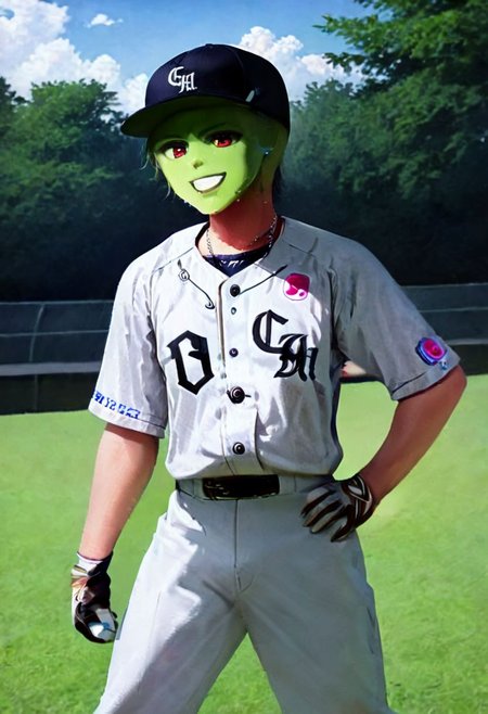 TheMask1024,smooth top of head,boy,solo,hands on hip, <lora:bulge:1.2>
,exercising in the park,so cute ,so sweet,realistic painting,clm, baseball uniform,
