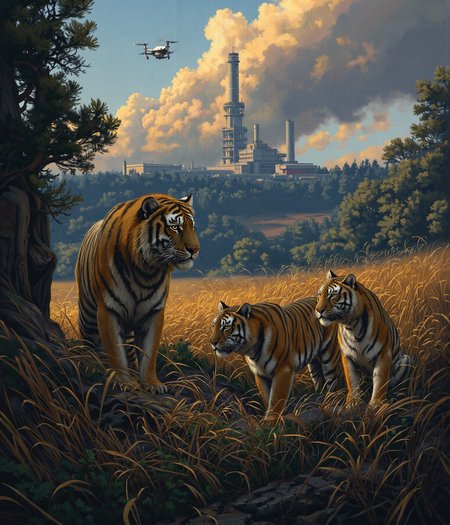 Beneath the golden light of a dying sun, three tigers stand as silent sentinels of a world slipping away. Their den, once a sanctuary deep in the jungle, now lies in the shadow of a relentless industrial invasion. Smoke rises in thick, curling plumes from the factory in the distance, its skeletal towers clawing at the sky, tearing into the land that once belonged to them. The river, which once mirrored the heavens in its crystalline depths, now runs thick with chemical waste, its surface shimmering with a sickly iridescence. Overhead, an unfeeling drone hovers, its cold mechanical eye locked onto them, reducing the last great beasts of the wild to mere data. 

At the forefront stands the male tiger, a magnificent creature of sheer power and untamed beauty. His broad shoulders ripple with muscle, and his thick, flowing mane—a rarity among his kind—catches the last golden light, each strand a testament to the strength of his lineage. His amber eyes burn with defiance as he lifts his gaze toward the drone, the artificial intruder dissecting his very existence with a lifeless stare. His breath is slow, steady—he does not run. He does not cower. He simply watches, daring the machine to look upon him and understand what it has come to destroy.

To his left, a tigress crouches low against the withering jungle undergrowth. Her sleek, battle-hardened body is coiled with tension, her muscles taut beneath her striking orange and black pelt. Her ears flick at the distant roar of machines, her sharp eyes flickering between the drone above and the poisoned river below. A soft growl rumbles in her throat, a sound both protective and mournful. She remembers when the air was filled with the scent of fresh rain and earth, not the acrid tang of steel and smoke.

Partially concealed within the den’s darkened entrance, the eldest tigress lingers like a specter of the past. Her once-flawless coat bears the marks of countless battles—not just against prey, but against time, hunger, and the encroachment of man. Scars lace her form, silent records of a world that no longer belongs to them. Her gaze drifts past the factory, beyond the fading jungle, to where the land once stretched unbroken and free. She does not need to see the future to know what is coming—she has already felt it in the quiet disappearance of the herds, in the strange hum of machines replacing the songs of the forest.

The composition of this piece is breathtaking, an emotional contrast of power and vulnerability. The warm, golden hues of the tigers' fur stand against the lifeless grays and metallic tones of the factory. Smoke and sunlight intertwine in the sky, a battle of nature versus progress. The river, both beautiful and tragic in its shimmering toxicity, winds like a dying vein through the heart of this fractured world. The drone, a symbol of human detachment, looms overhead—watching, recording, but never truly seeing.

This is more than a depiction of endangered creatures. This is a moment in time, a visual elegy for all that is being lost. The tigers stand together, not just as individuals, but as a fading lineage—an echo of a wildness that once roamed without boundaries. In this frozen moment, they remain majestic, untamed, unbroken. But for how much longer?  

Simon Stalenhag Style, v3lkat0k