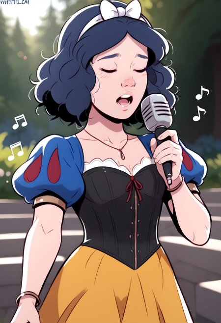 score_9, score_8_up, score_7_up, score_6_up, davecheung-dh BREAK, singing, closed eyes, singing sound, SnowWhiteXLP, puffy sleeves, dress, yellow skirt, corset <lora:Artist_Style_-_Dave_Cheung:0.7>  <lora:SnowWhiteXLP_character:0.7>