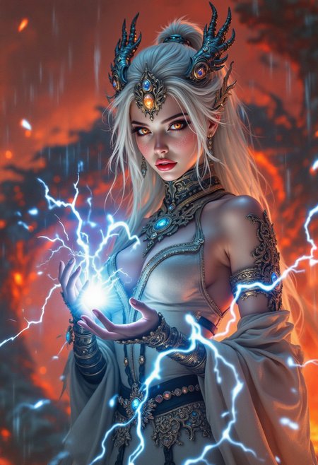 cinematic film still, fantasy art,  , human Chinese female sorceress , hints to her true form as a dragon , fantasy , Chinese themed dragon battle armor, , grim dark, freckles,fire eyes, , silver hair, powerful, standing on a wall, red sky , sky on fire, rain, athletic, pale skin, controlling lightning with her hands ,, dynamic superhero pose , volumetric lighting, , beautiful face, goddess , detailed face, realistic, hyper realistic art A mesmerizing image capturing the essence of timeless Ethereal beauty <lora:aidmaFLuxPro1.1_v0.3:0.65> aidmafluxpro1.1