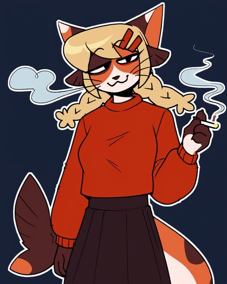 score_9_up, score_8_up, score_7_up, score_6_up, by remanedur,  female, blonde hair, cat, braids, tail, medium breasts, red sweater, twin braids, furry, skirt, hair clip, fish tail, marijuana, smoking, bong, half-closed eyes, looking at viewer, happy, smug, smile, head tilt, solo, three-quarter view, simple background, white outline,  <lora:Leah_Pines(AIM)_XL_v1:0.15> <lora:PDXL_artist_tags_v2_big:0.5> <lora:The-Minuscule-Task_PDXL_v1.0:0.6>  <lora:Catfish_eviex_01:0.7>