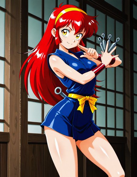 1girl,ywrkayame,red hair,long hair,hairband,yellow headband,yellow eyes,sharp eyes,confident smile,curvy body,kunai,blue ninja dress,sleeveless outfit,yellow waist ribbon,anime style,retro anime,ninja girl,
official style,
<lora:NoobV065sHyperDmd:1>,masterpiece,best quality,very aesthetic,absurdres,newest,safe,
<lora:ywrkayame_ill:1>,