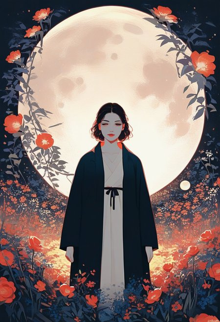 zPDXL3, 1woman, robe, moon, flowers, white skin, highly detailed,   high resolution, best quality, sharp quality,  clear quality, High-definition, smooth image, bright colors, vibrant colors, colorful, clean lines,