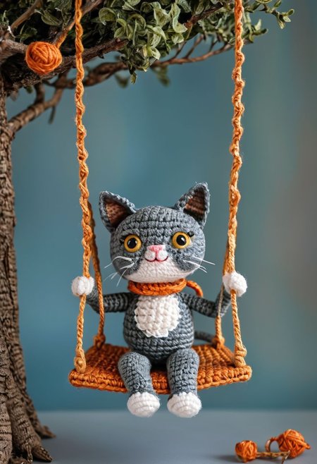 a cat enjoying himself on a swing from a tree, by saint exupery, crocheted style