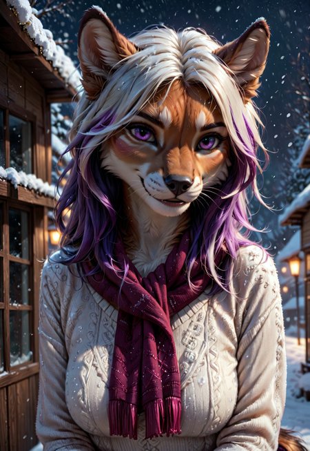 safe_pos, score_9, score_8_up, score_7_up, score_6_up, photorealistic, epiCPhotoGasm-colorfulPhoto, Realistic, highres, super high resolution, 8k, photo, furry, Furry, anthro, fur, female, realistic, detailed, tail, detailed fur, female, 
score_9, score_8_up, score_7_up, score_6_up, 25 years old, perfect face, (adult), sexy, close view, 
purple eyes, 
multicolored hair, colored inner hair, white hair, purple glowing hair, purple glowing scarf, 
white sweater,
winter, snowing, snowflakes,
blush, shy smile, 
night,