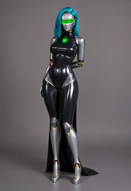 solo, A 35mm full length photo of  a beautiful 20 year old woman, she is a humanoid robot , robotic body, emerald green robotic eyes, freckles, smooth featureless silver grey robotic skin, robotic aerials, metallic dark blue hair, elegant black latex bodysuit with white trim
TheFaceLess