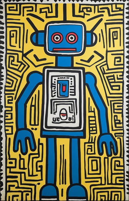 masterpiece,best quality,<lora:tbh164-sdxl:0.9>,illustration,style of Keith Haring, portrait of Housework robots