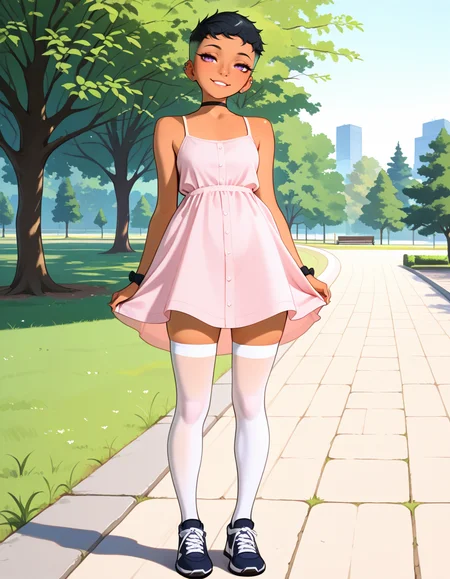 masterpiece, best quality, very aesthetic, absurdres,
outdoors, park, 
standing, posing, 
sport footwear, white thighhighs, pink sundress, 
full body, seductive smile, parted lips, long eyelashes,
<lora:Riley_Fairfeather_v01_NAIXL:1>
R1l3y_Fairf3ath3r, 1girl, solo, very short hair, multicolored hair, black hair, green hair, undercut, ear piercing, purple eyes, nose piercing, freckles, black choker, dark skin,
