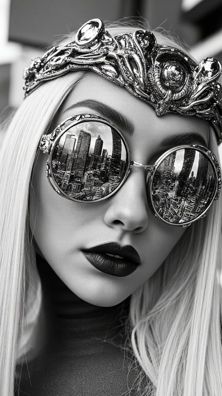 highly detailed, black and white photograph of a woman's face with a futuristic, cyberpunk aesthetic. The subject has long, straight, platinum blonde hair that cascades down past her shoulders. She wears large, round, metallic sunglasses with intricate, geometric patterns on the frames, reflecting a cityscape of skyscrapers and modern architecture. The cityscape is likely a densely populated urban environment with tall buildings and a mix of modern and futuristic structures. Her lips are painted a deep, dark red, adding a dramatic contrast to the grayscale image. She has a strong, angular jawline and a determined expression, emphasizing her intense gaze through the reflective lenses. On top of her head, she wears a metallic, futuristic crown or headpiece, adorned with intricate, mechanical designs and what appears to be small, glowing lights. The background is blurred, focusing attention on her face and accessories. The image has a high level of detail and texture, with the metallic surfaces of the sunglasses and headpiece reflecting light and adding a sense of depth and realism. The overall style is a blend of high fashion and science fiction, evoking a sense of futuristic glamour and mystery.,aidmaimageupgrader, aidmaMJ6.1 <lora:aidmaMJ6.1-FLUX-v0.5:0.7> <lora:aidmaImageUprader-FLUX-v0.3:0.4>
