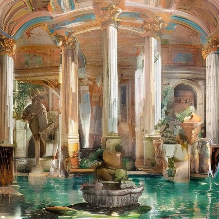 (masterpiece:1.2), (best quality,:1.2), 8k, HDR, ultra detailed, ((photorealistic)), professional light, cinematic lighting, fashion photography, ambient lighting, face lighting, <lora:detail_slider_v4:1>, Fantasy picture, OverallDetail, large ancient roman with a fountain and one statue in the center, RomInt, <lora:RomanInterior-10:1>, epiCPhoto